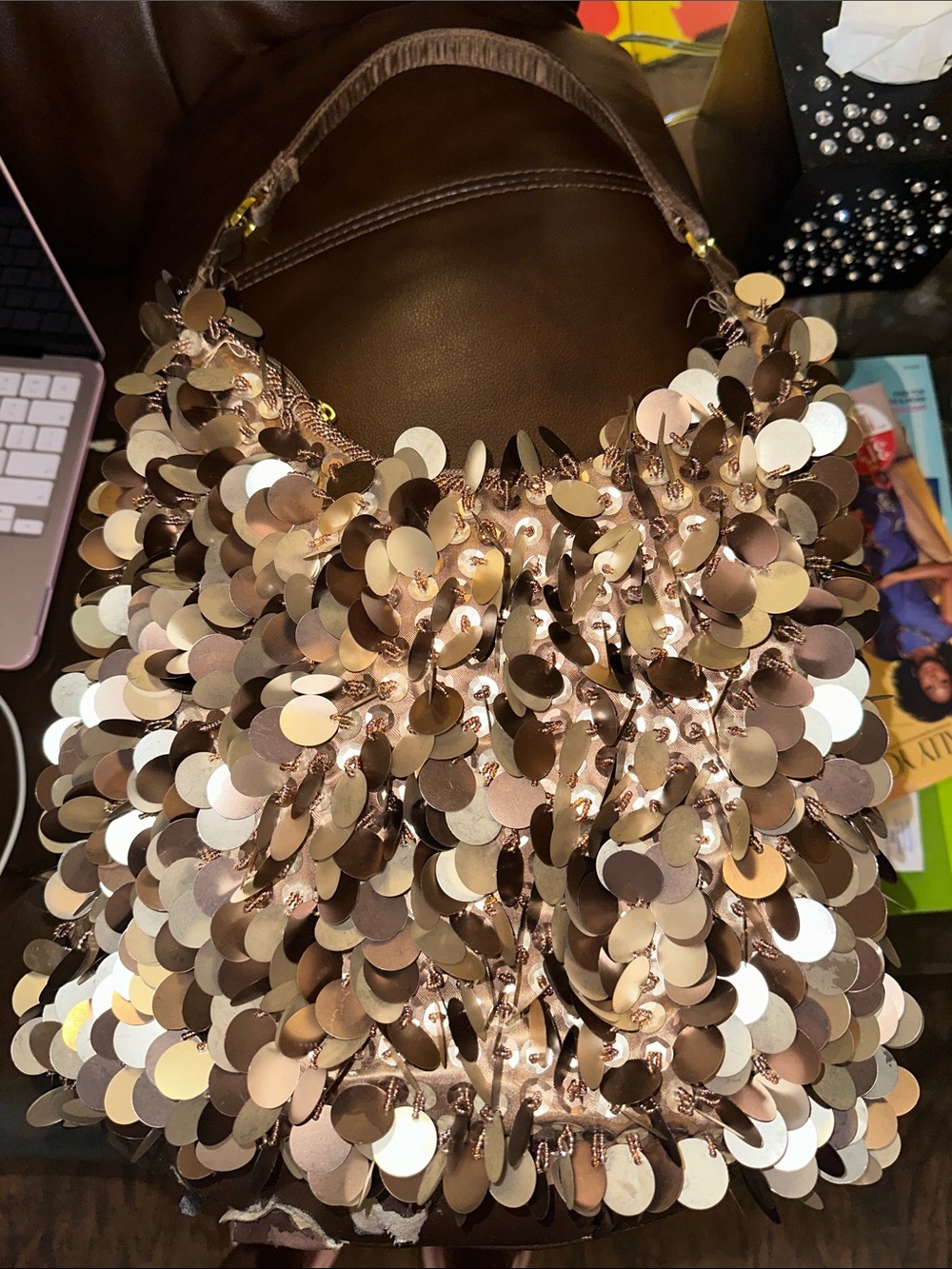 Sequin Disc Shoulder Bag in Shimmering Rose Gold